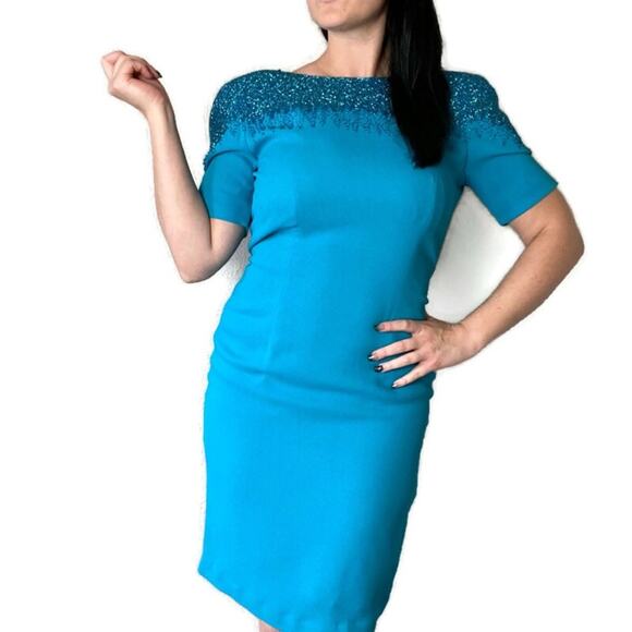 Oleg Cassini Vintage Electric Blue Beaded Sheath Dress Size 8 - Picture 1 of 8